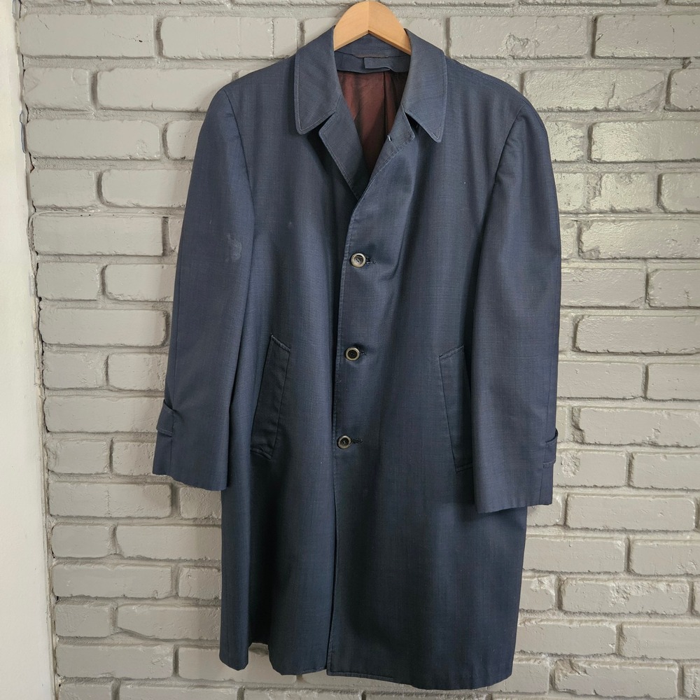 Vtg Vista Roos Atkins Navy Wool Blend Overcoat All Weather Mens 47 Balmacaan